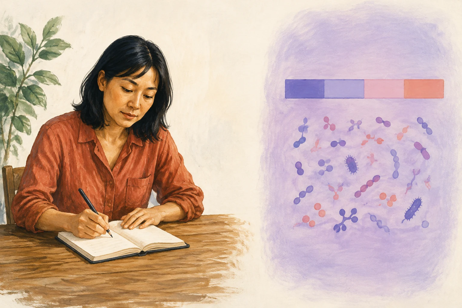 An illustration comparing a person recording symptoms with a view of microbes.