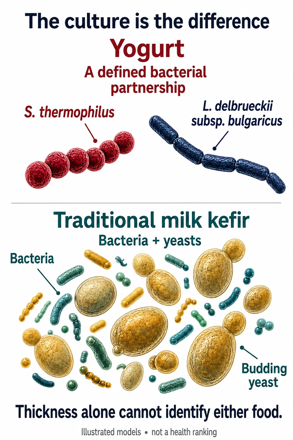 Illustrated starter cultures: yogurt’s defining bacterial pair, and a mixed community of bacteria and budding yeasts in traditional milk kefir.