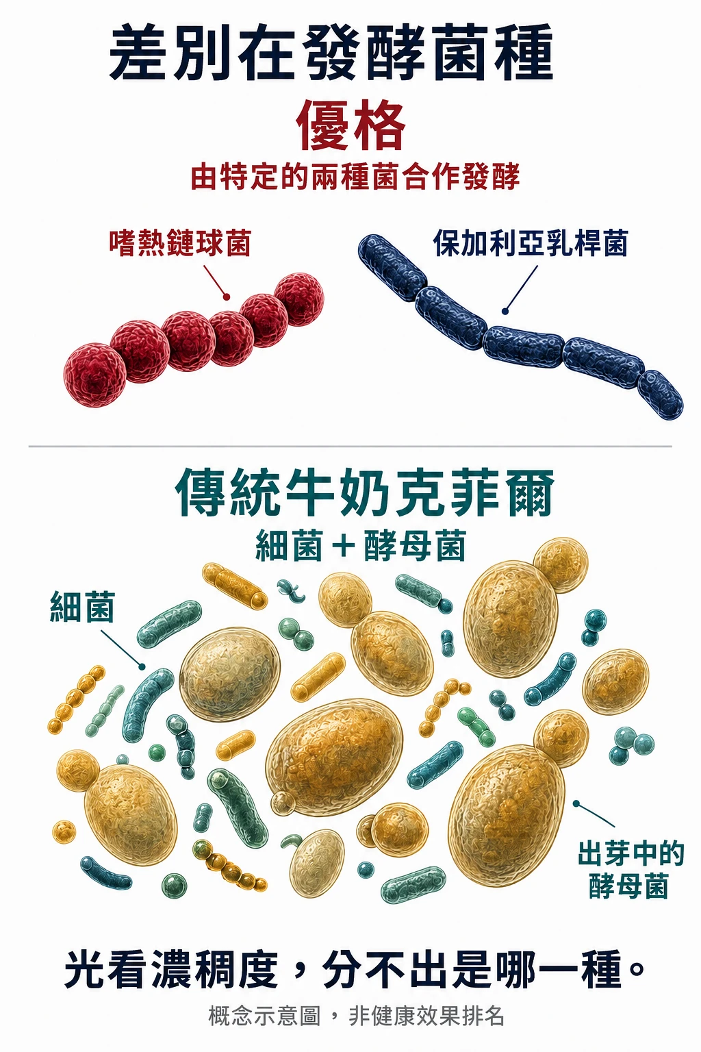 菌種示意:優格的兩種代表性發酵菌,以及傳統牛奶克菲爾裡的細菌與出芽酵母菌。