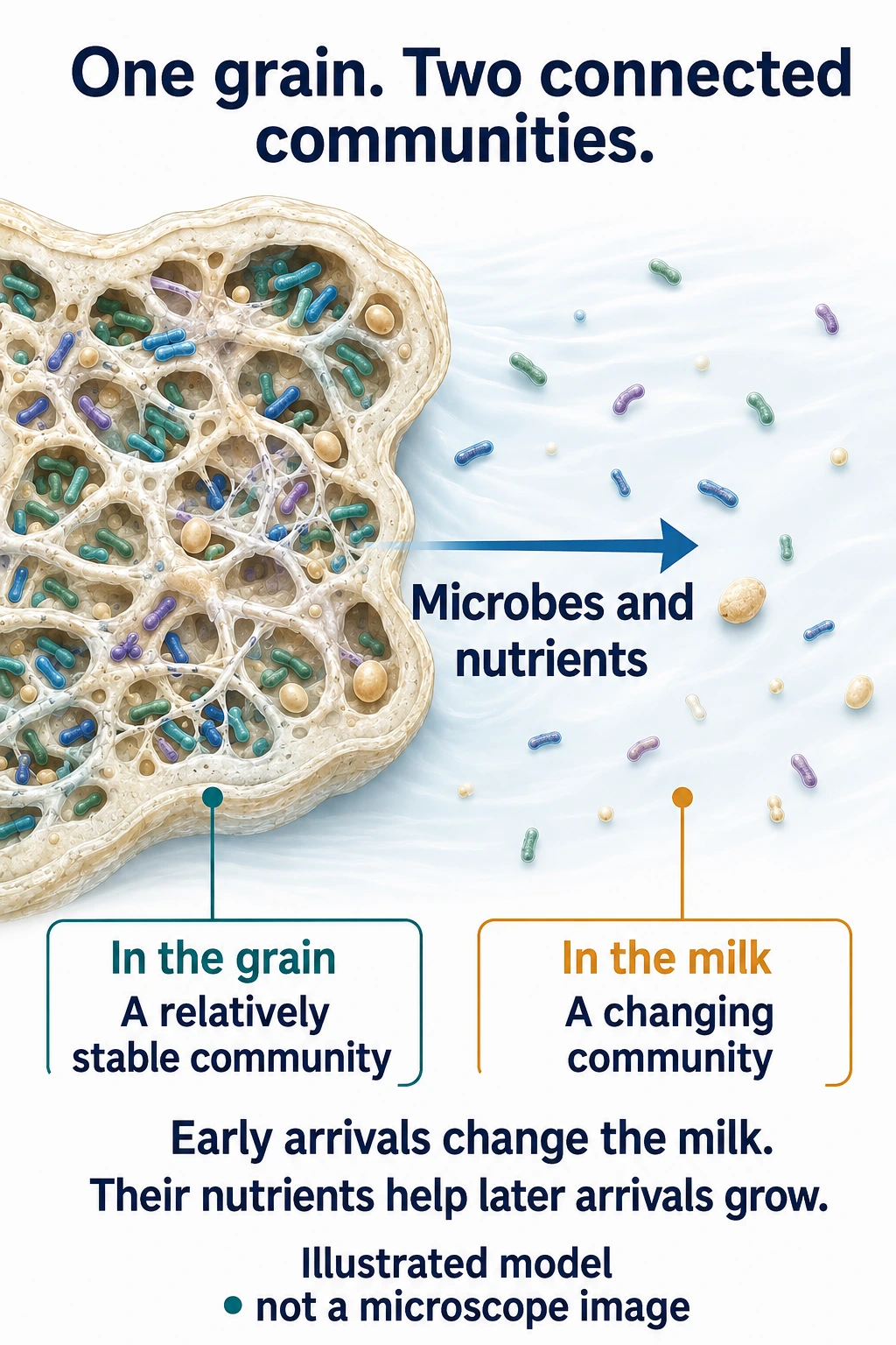 Illustrated grain boundary connects a relatively stable resident community with microbes in changing surrounding milk.