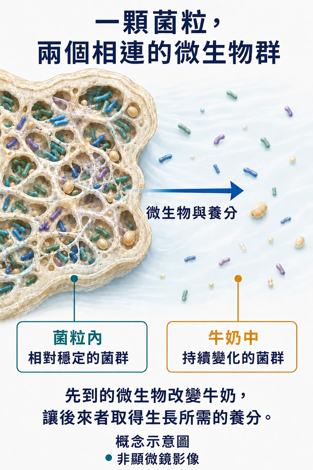 菌粒邊界的剖面示意，連接相對穩定的菌粒內部與持續變化的牛奶菌群。
