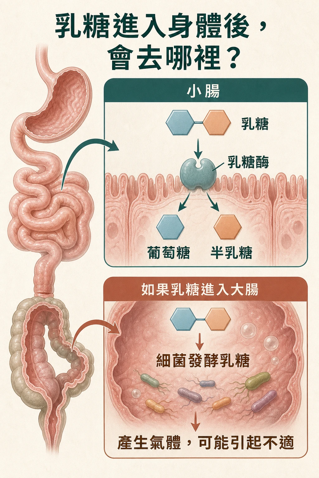 小腸中的乳糖酶把乳糖分解成葡萄糖與半乳糖。未消化的乳糖若進入大腸，細菌會發酵乳糖，產生可能引起不適的氣體。