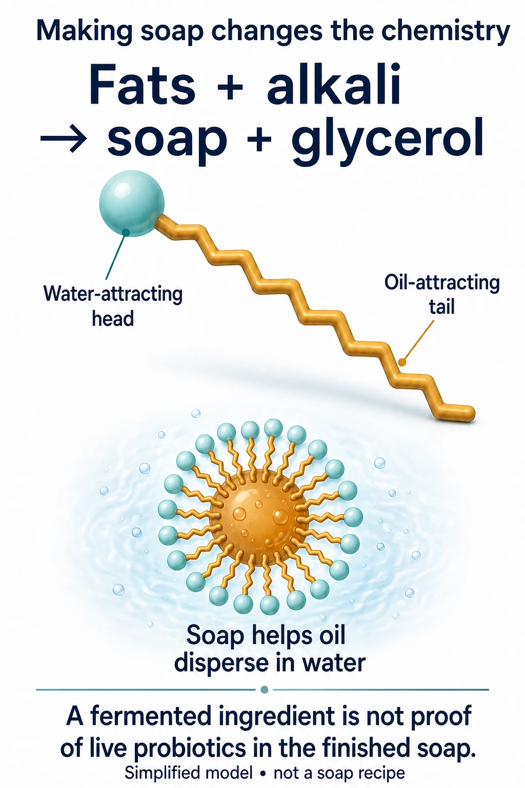 Soap molecule with a water-attracting head and oil-attracting tail; molecules surround an oil droplet with their heads facing the water.
