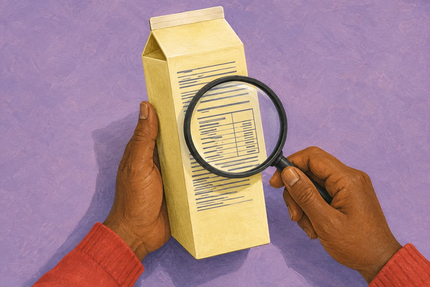 Illustration of hands using a magnifying lens to examine the back label of a plain dairy carton.