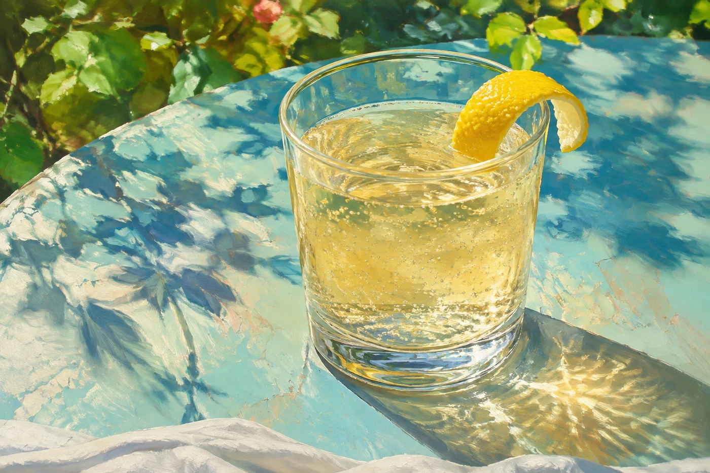 Painted illustration of a glass of pale golden water kefir with lemon peel on a sunlit turquoise table.