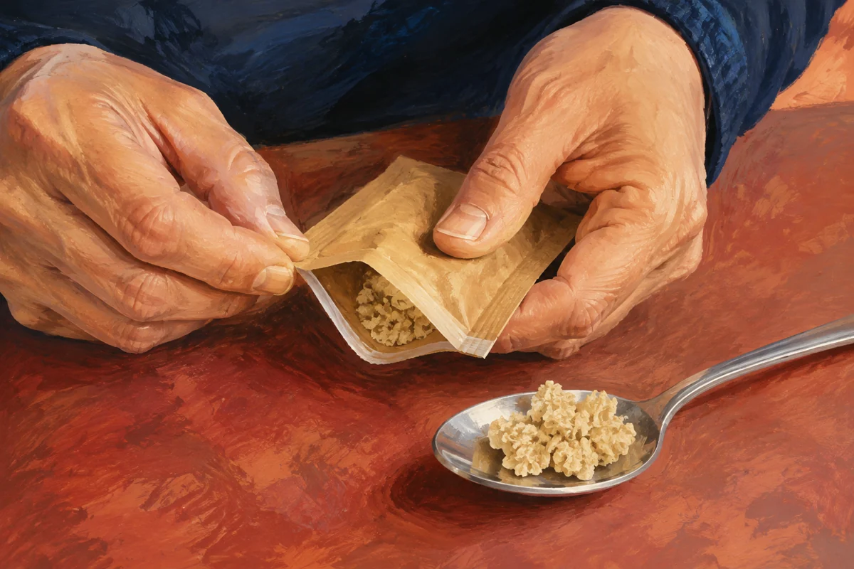 Illustration of hands opening a dried-culture packet beside a spoon of tan culture fragments.
