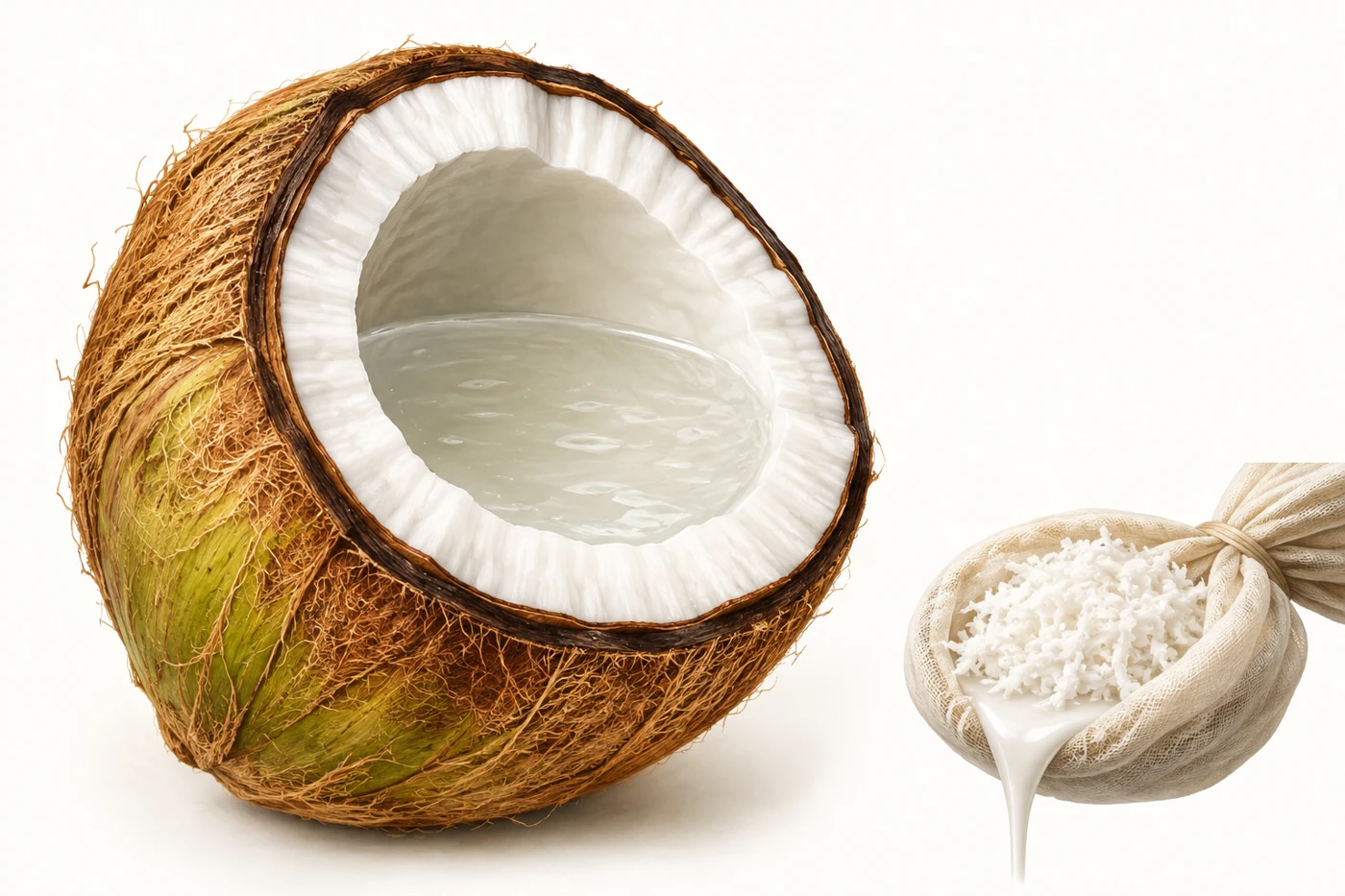 Coconut cutaway showing cavity water inside a lining of white flesh, with a smaller inset of grated flesh being squeezed through cloth to make coconut milk.