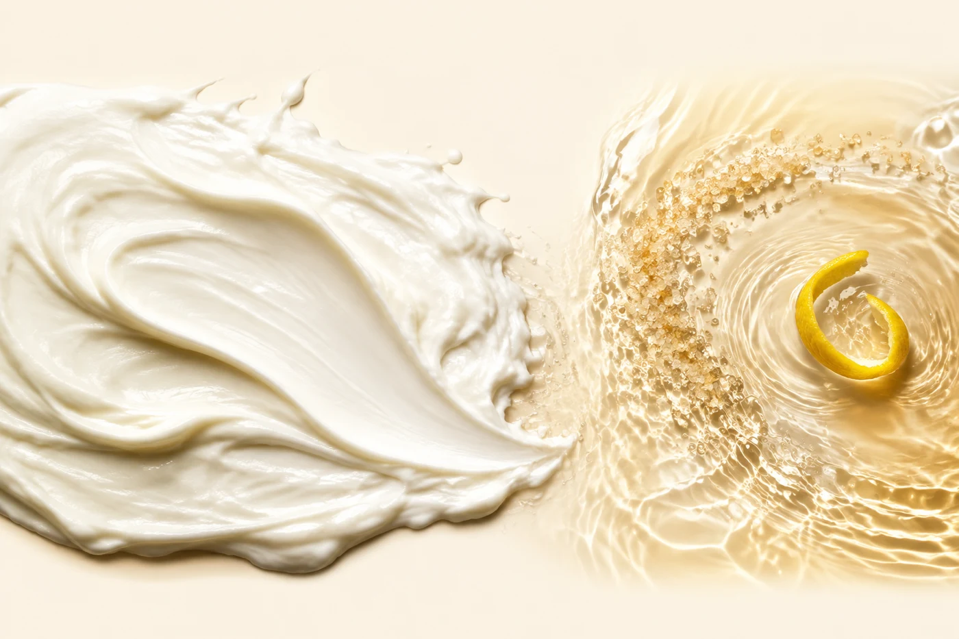 Creamy milk and clear sugar-water textures, shown side by side.