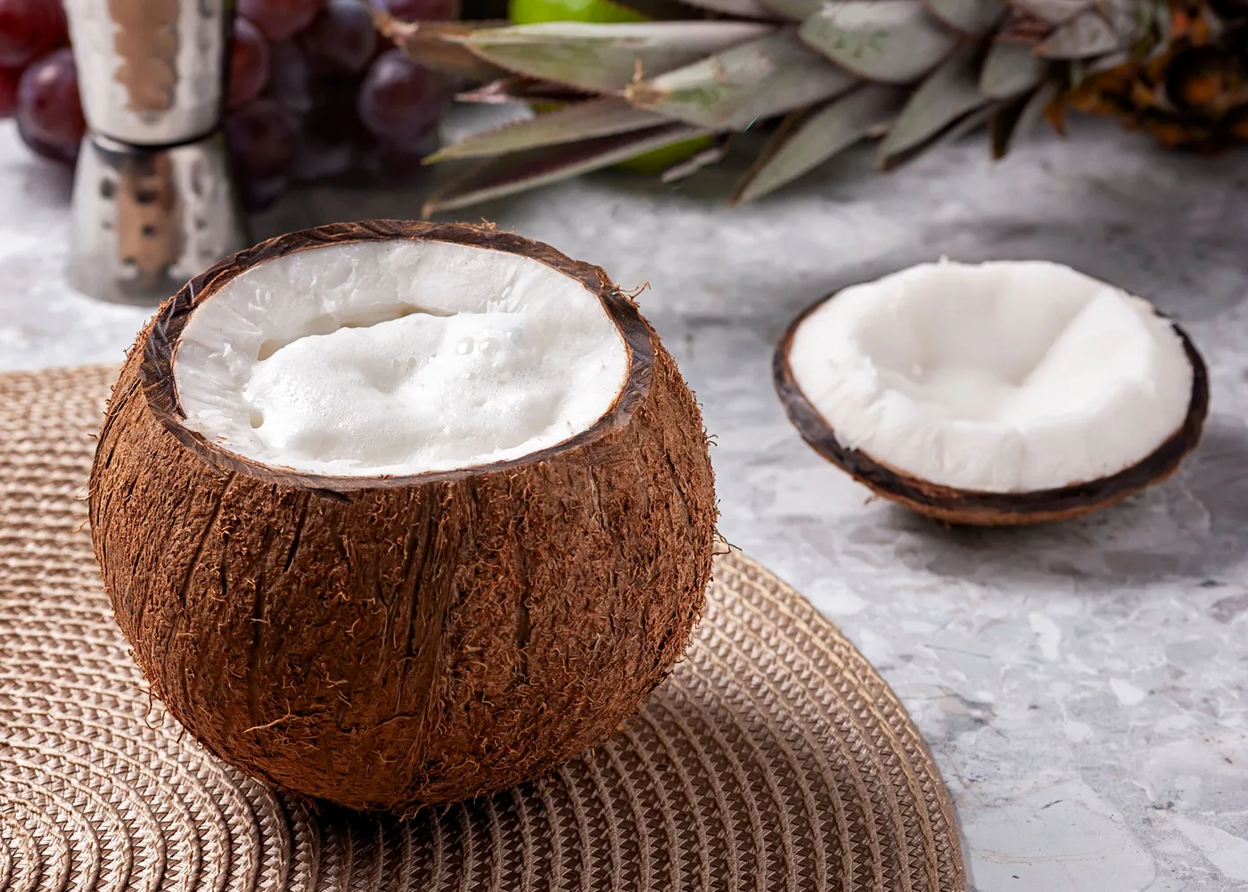 Fresh coconut and pineapple prepared for a drink
