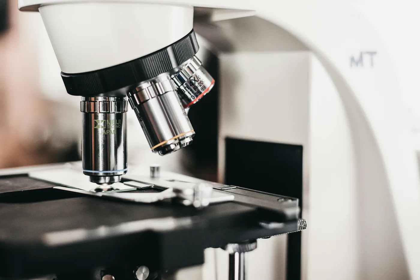 A laboratory microscope viewed close up