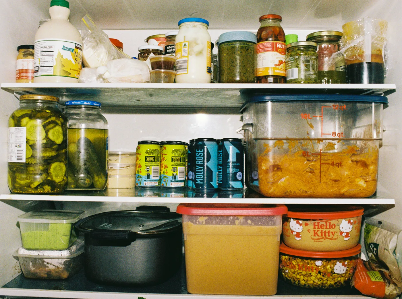 Jars and food containers on refrigerator shelves