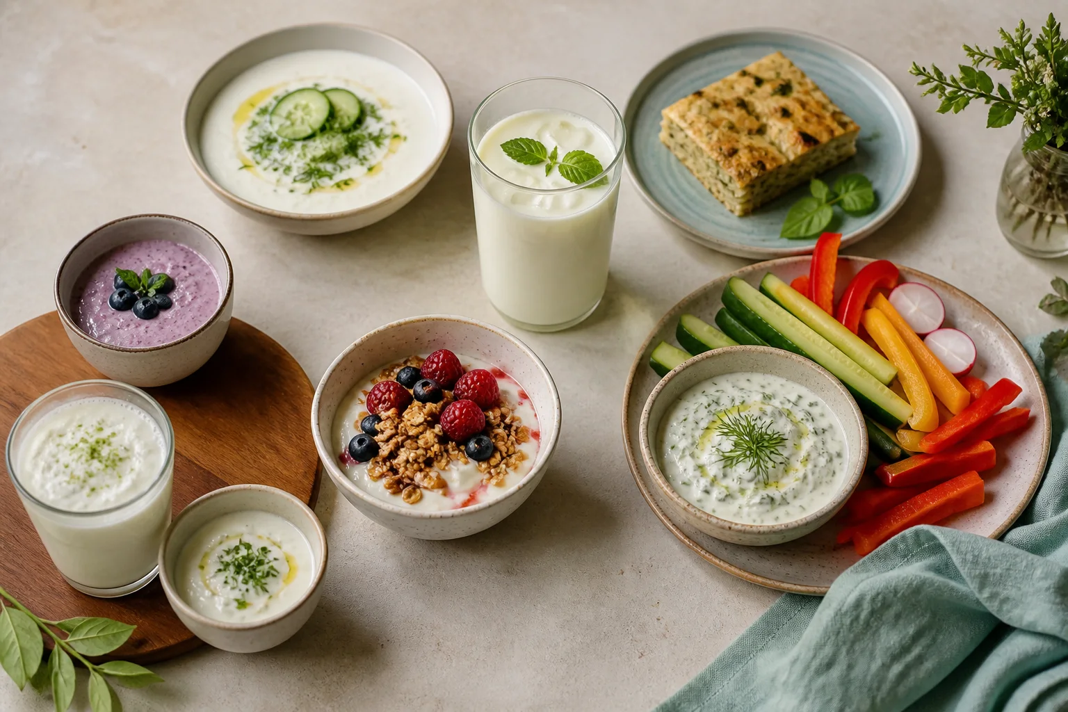A variety of kefir foods and drinks arranged on a table