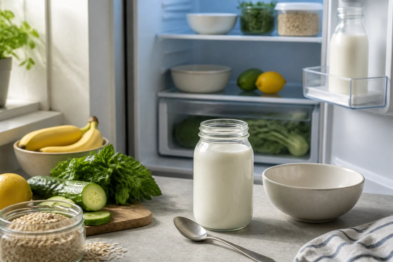 A jar of plain kefir with flexible ingredients ready for a recipe idea