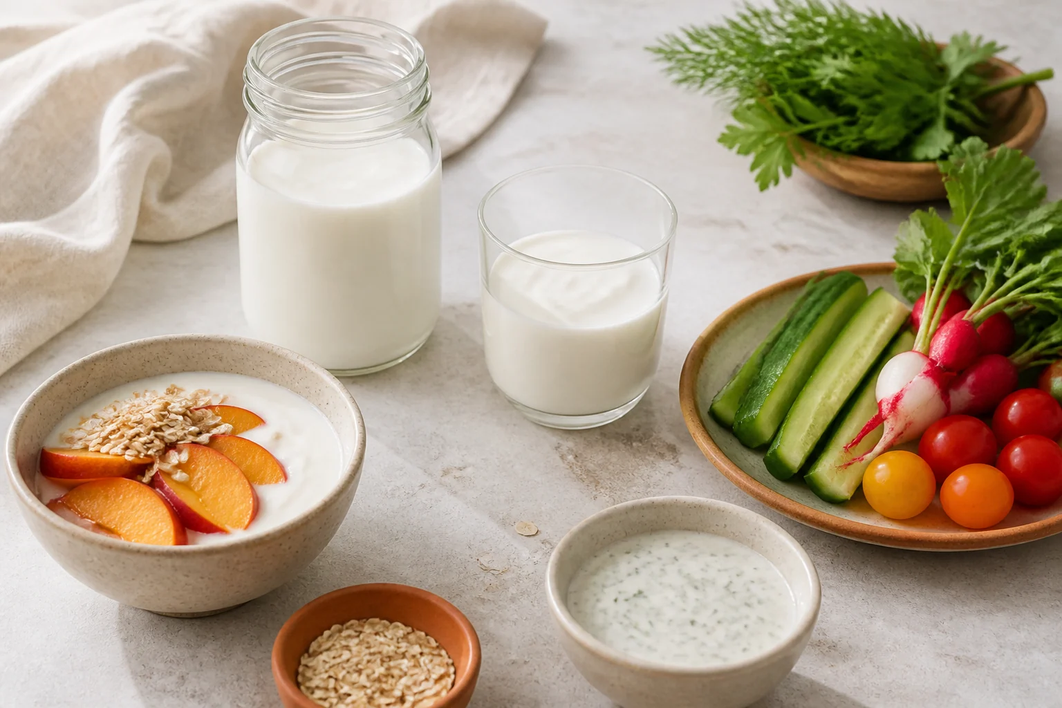 Kefir served in several everyday ways, from breakfast to a savoury dip