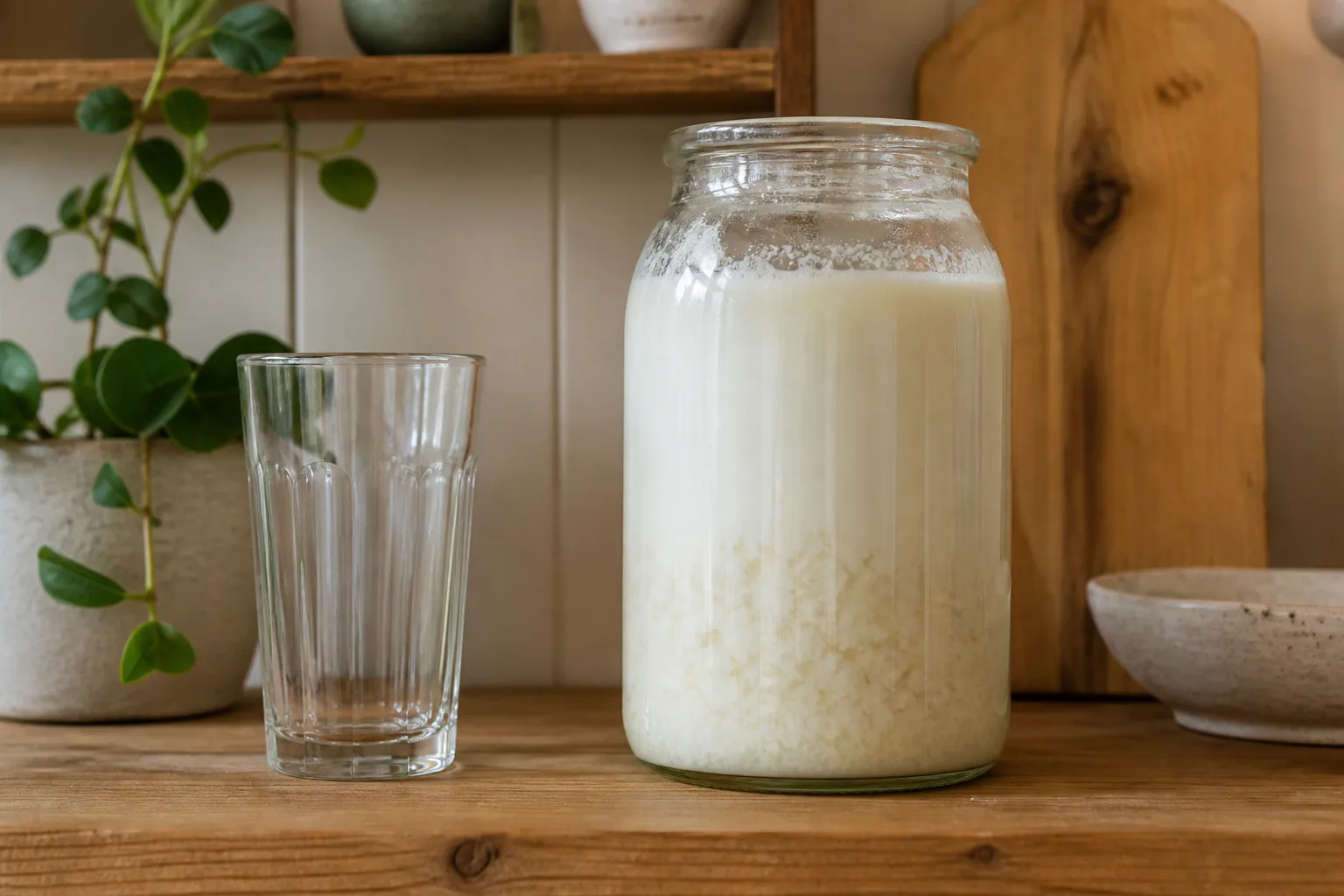 A home milk kefir jar with grains beside an empty glass