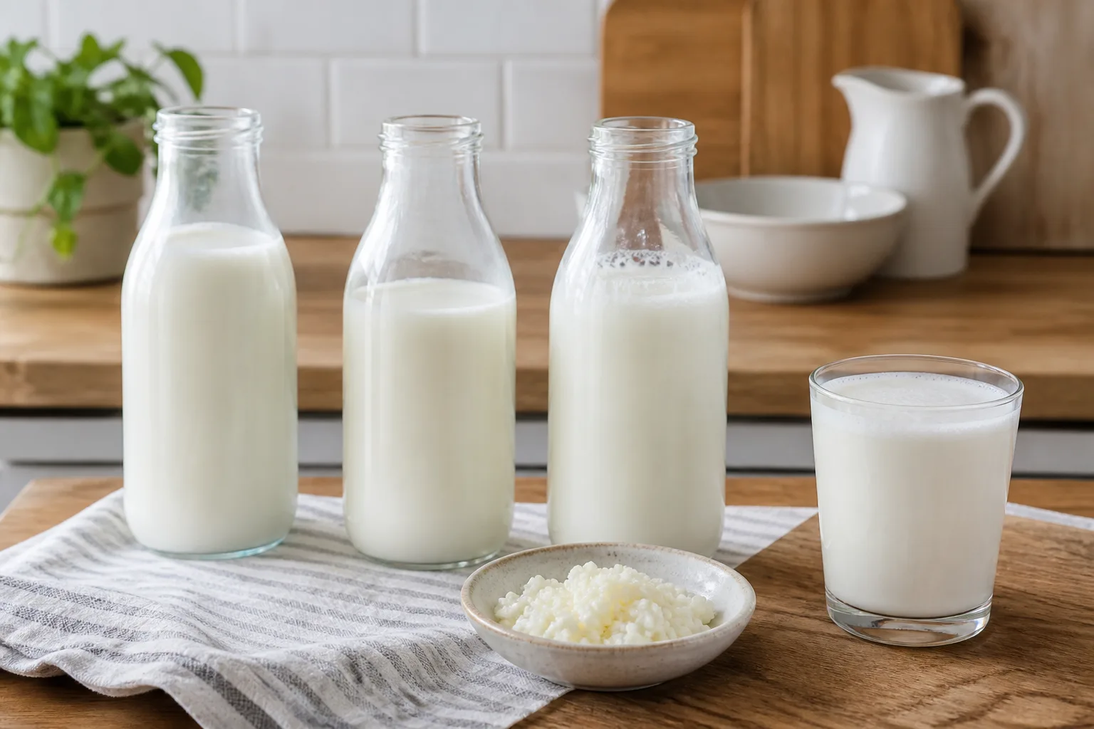 Three plain milk options beside kefir grains and a glass of kefir