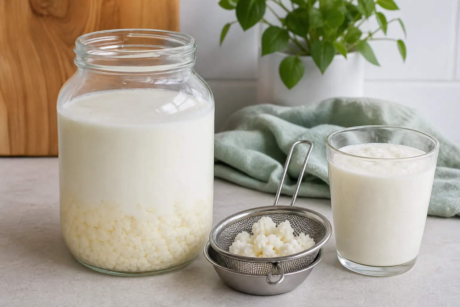 Milk kefir grains in a glass jar beside strained kefir