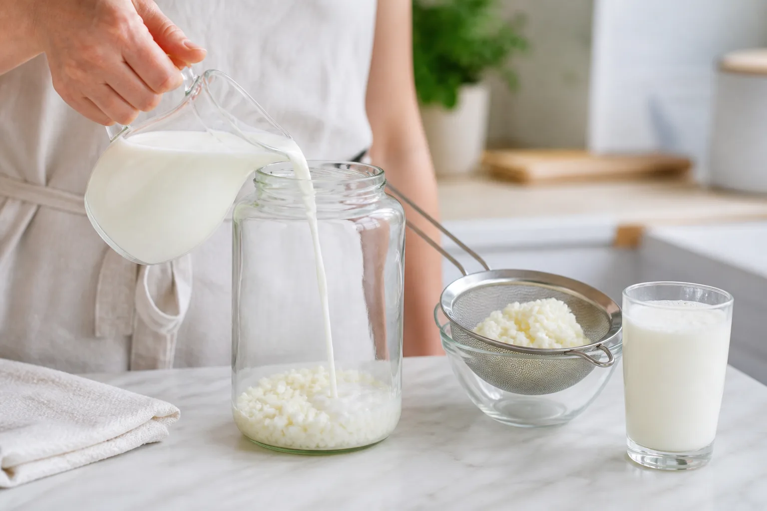 Milk being poured over kefir grains in a glass jar