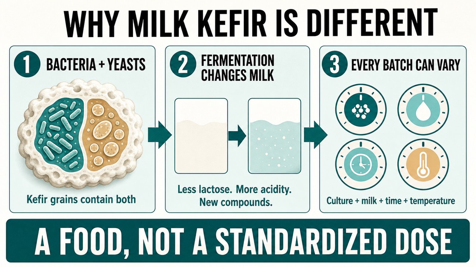 Infographic: bacteria and yeasts ferment milk, and the finished kefir varies with culture, milk, time, and temperature