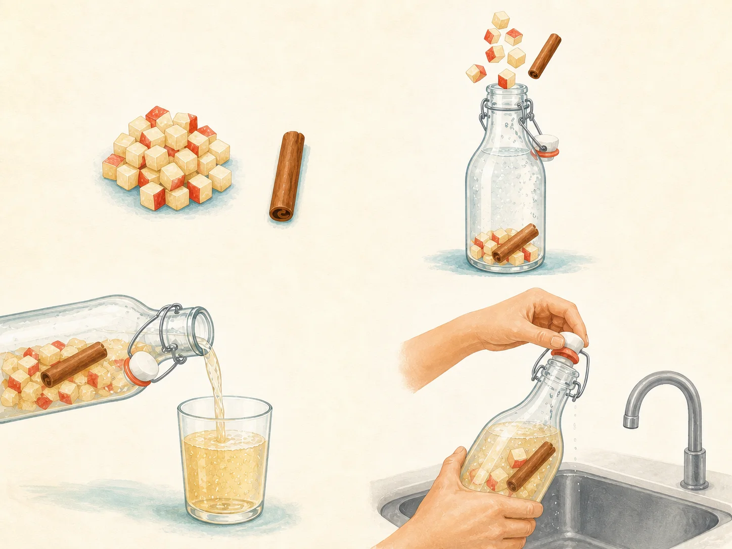 Four illustrated steps: prepare the flavor, fill the bottle, pour the chilled drink, and open the bottle slowly over the sink