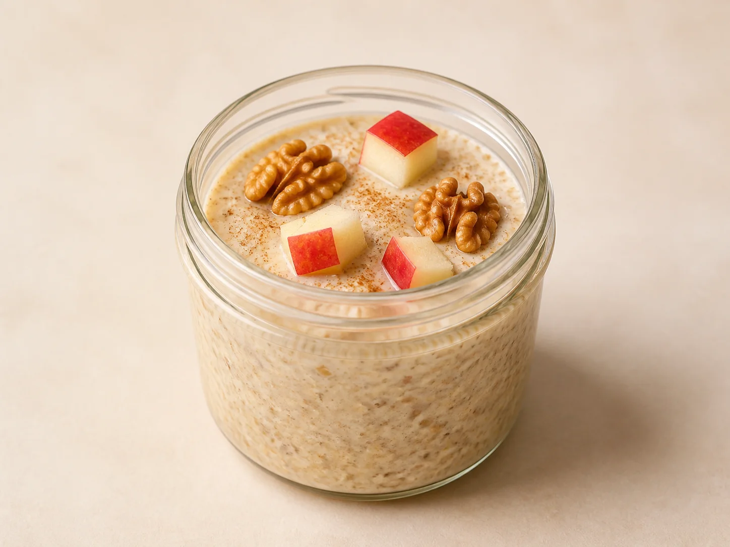 A jar of oats topped with apple pieces, walnuts and cinnamon