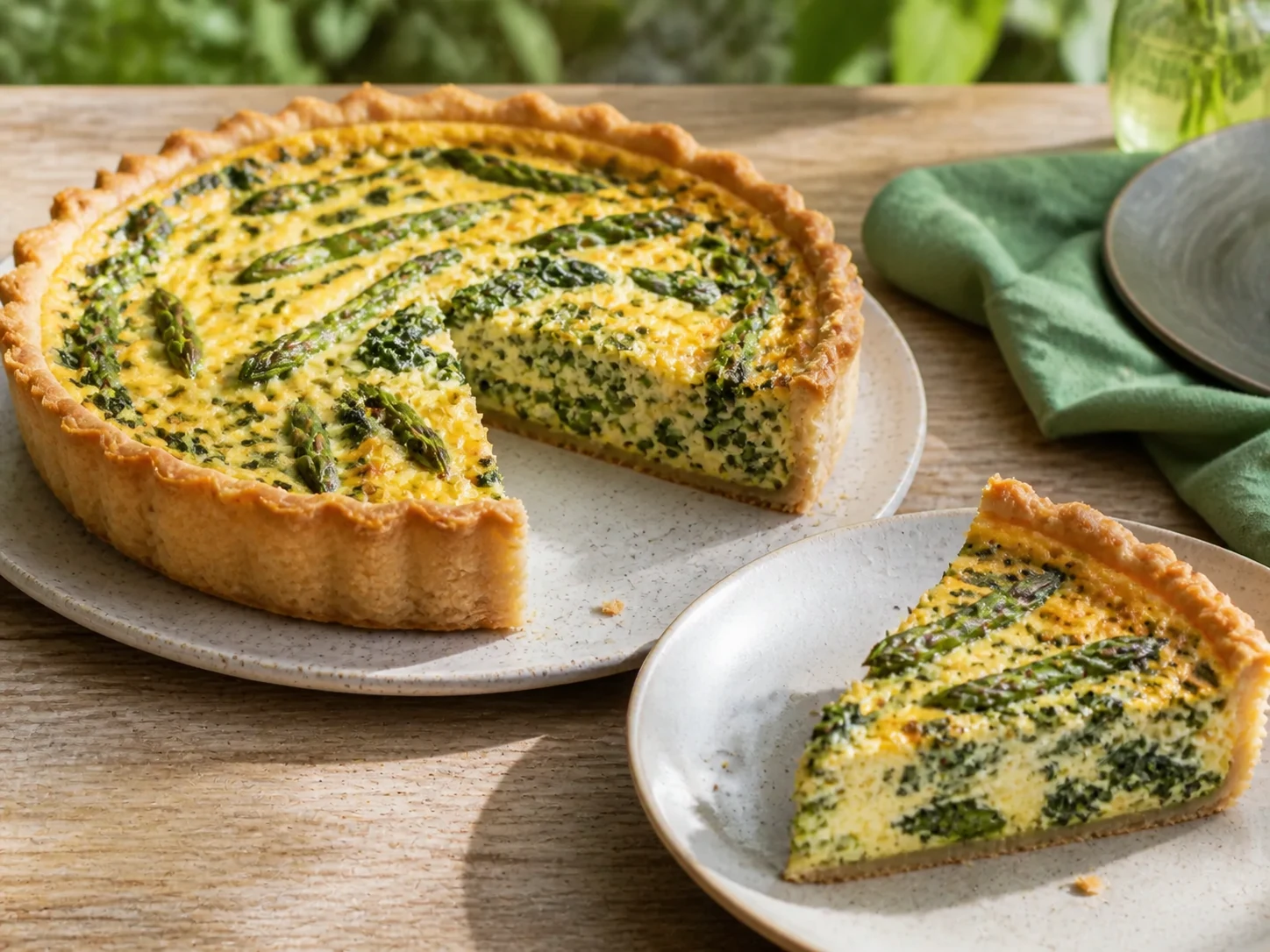 A finished serving of asparagus and spinach kefir quiche