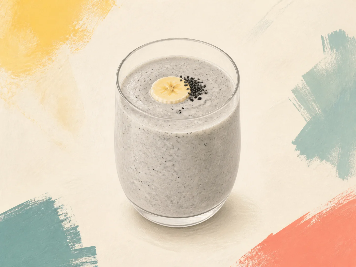 A finished serving of banana black sesame kefir smoothie