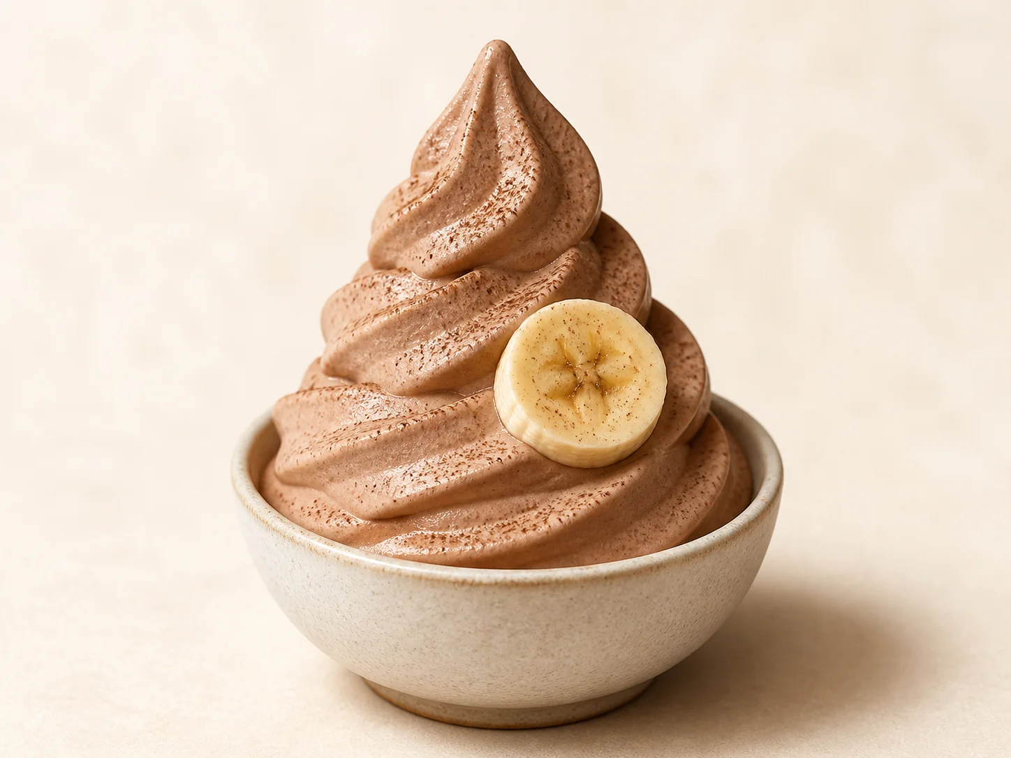 A finished serving of banana cocoa kefir soft serve