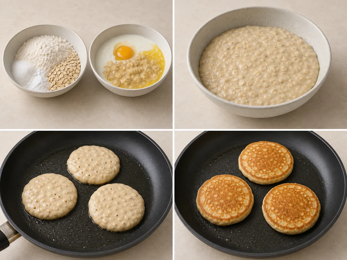 Four illustrated steps: mix the batter, let it rest, spoon it into the pan, and flip the pancakes when bubbles appear