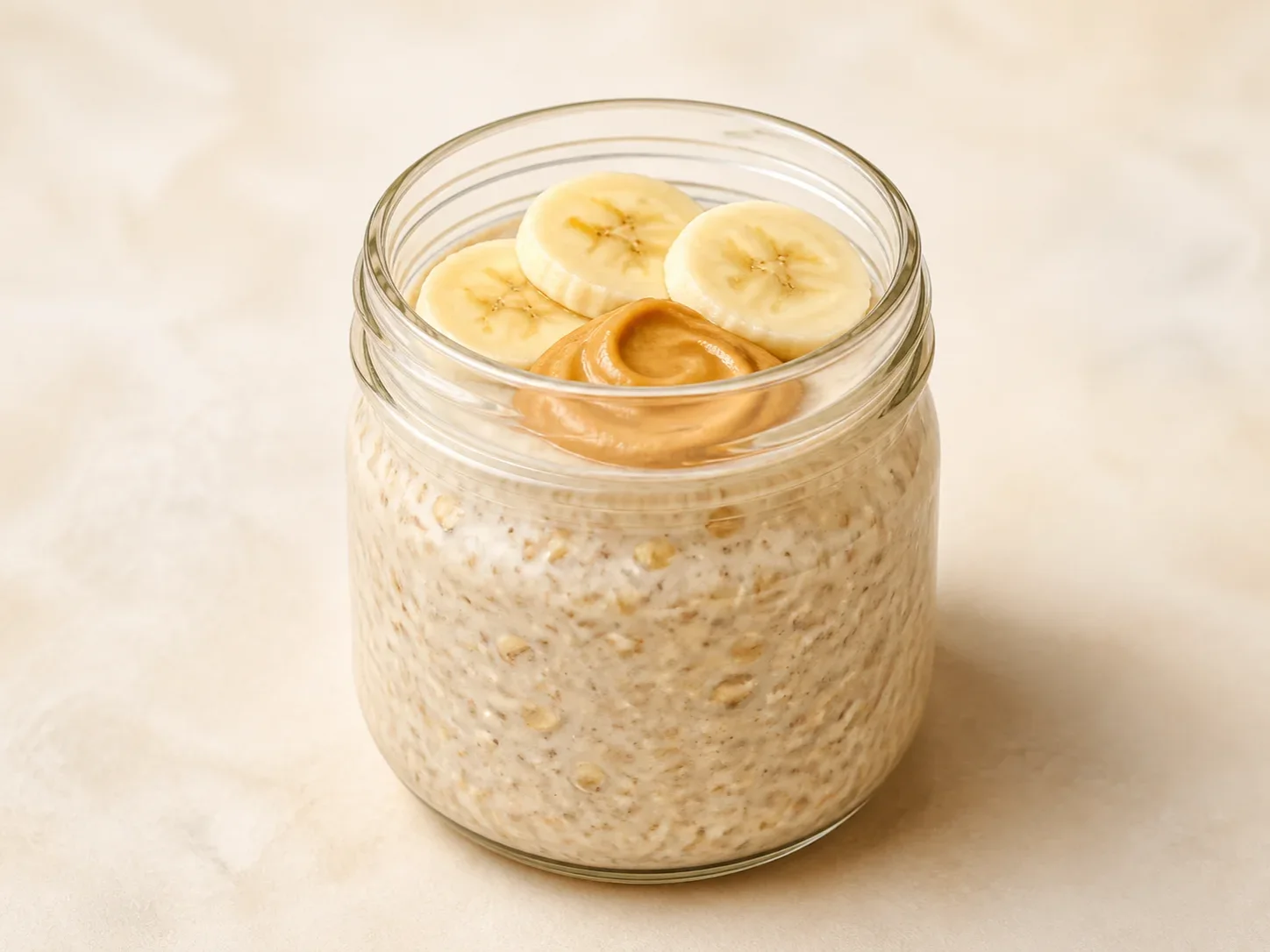 A finished serving of banana peanut kefir overnight oats