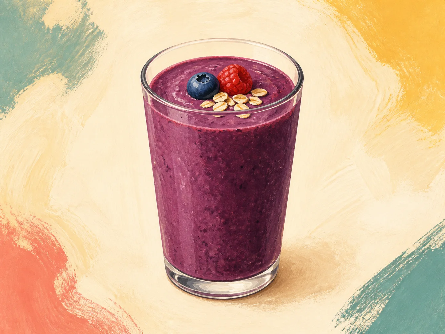 A finished serving of berry oat kefir smoothie