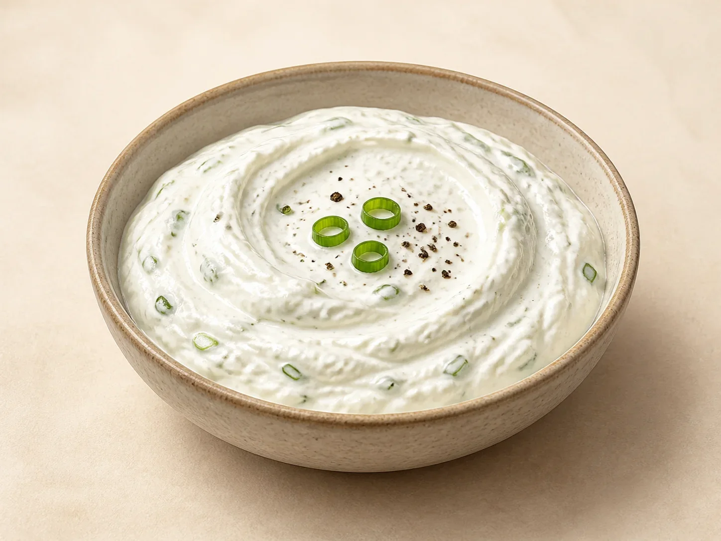 A finished serving of black pepper scallion kefir spread