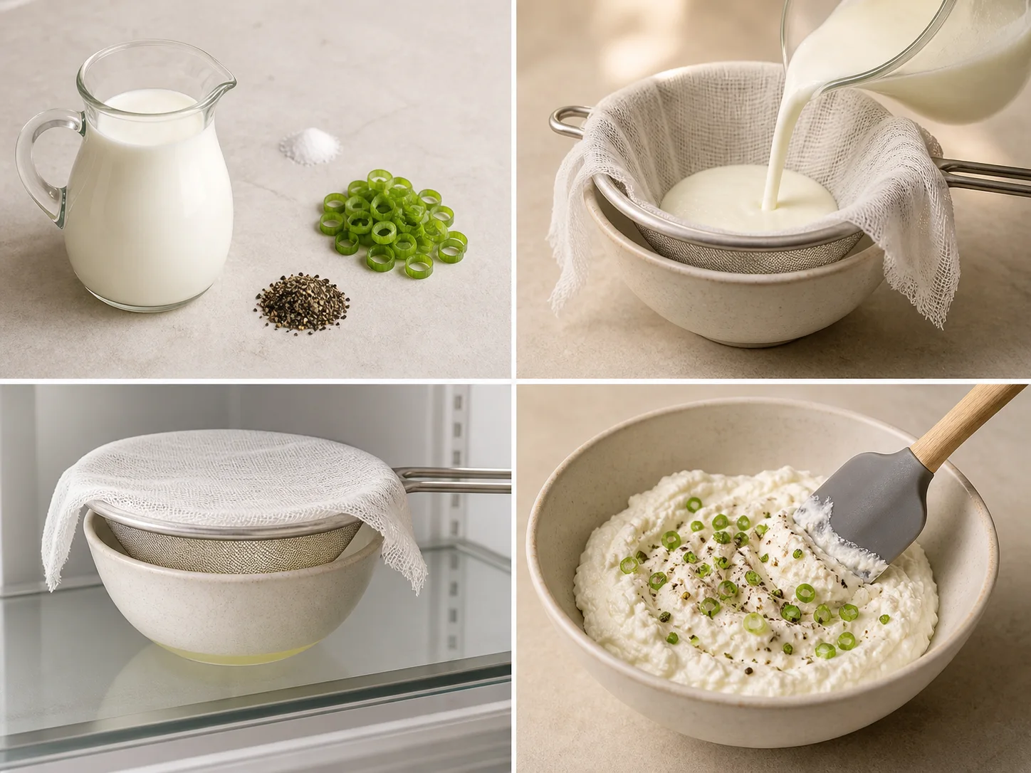 Four illustrated steps: line the sieve, drain the kefir in the refrigerator, fold in the flavor ingredients, and store the finished spread