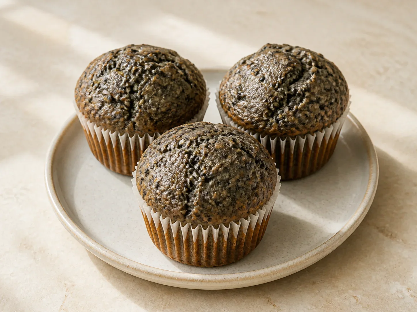 A finished serving of black sesame banana kefir muffins