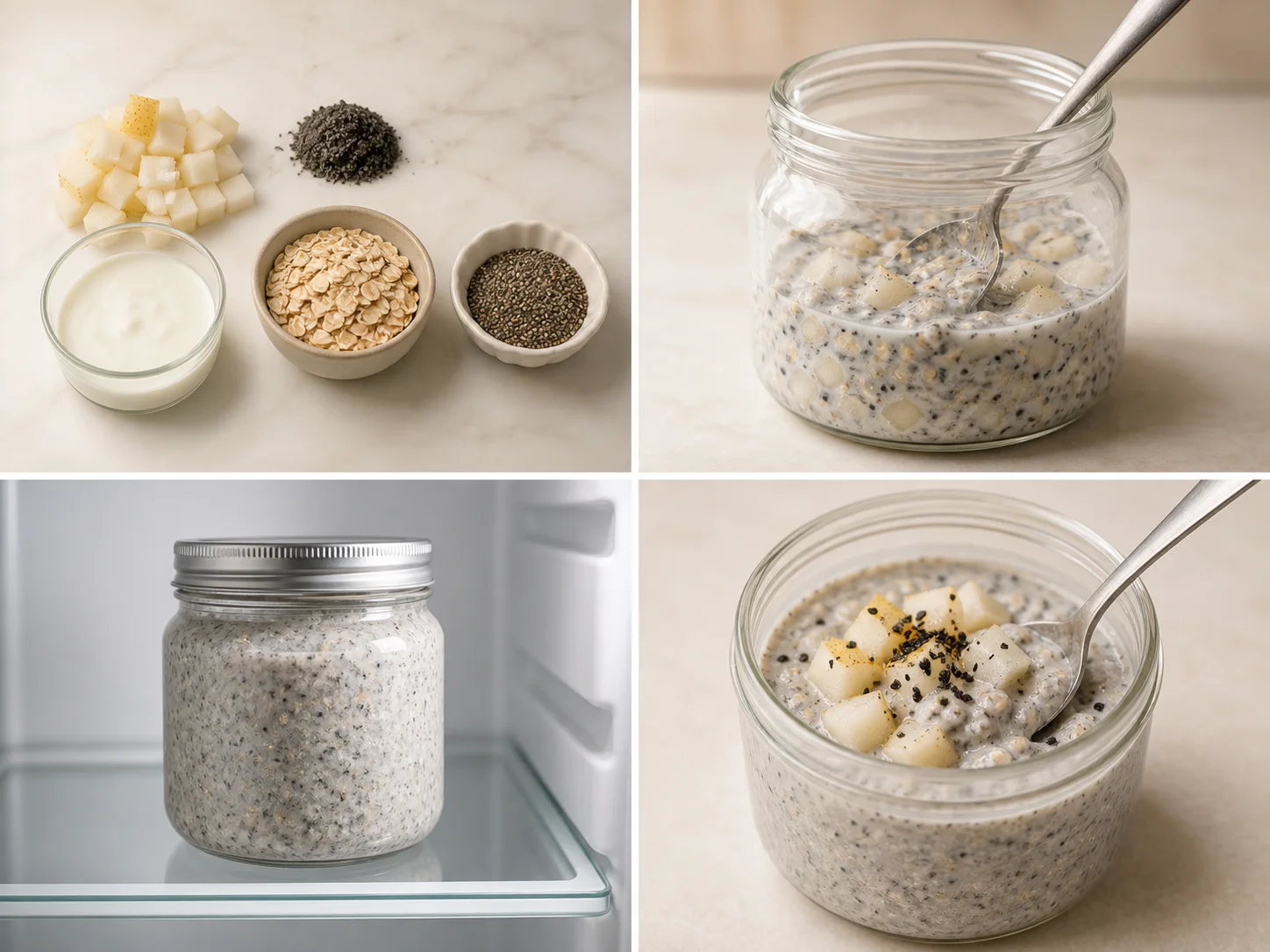 Four illustrated steps: measure the ingredients, stir them together, refrigerate overnight, and finish the breakfast before serving