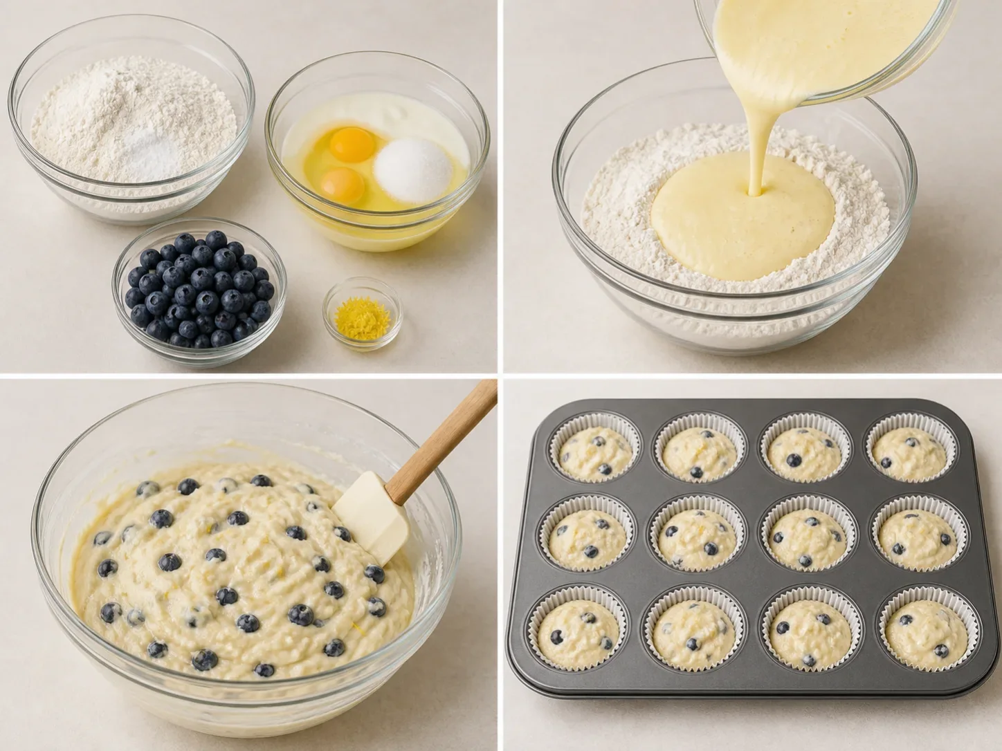 Four illustrated steps: mix the wet and dry ingredients, fold in the flavor, fill the muffin pan, and bake until risen