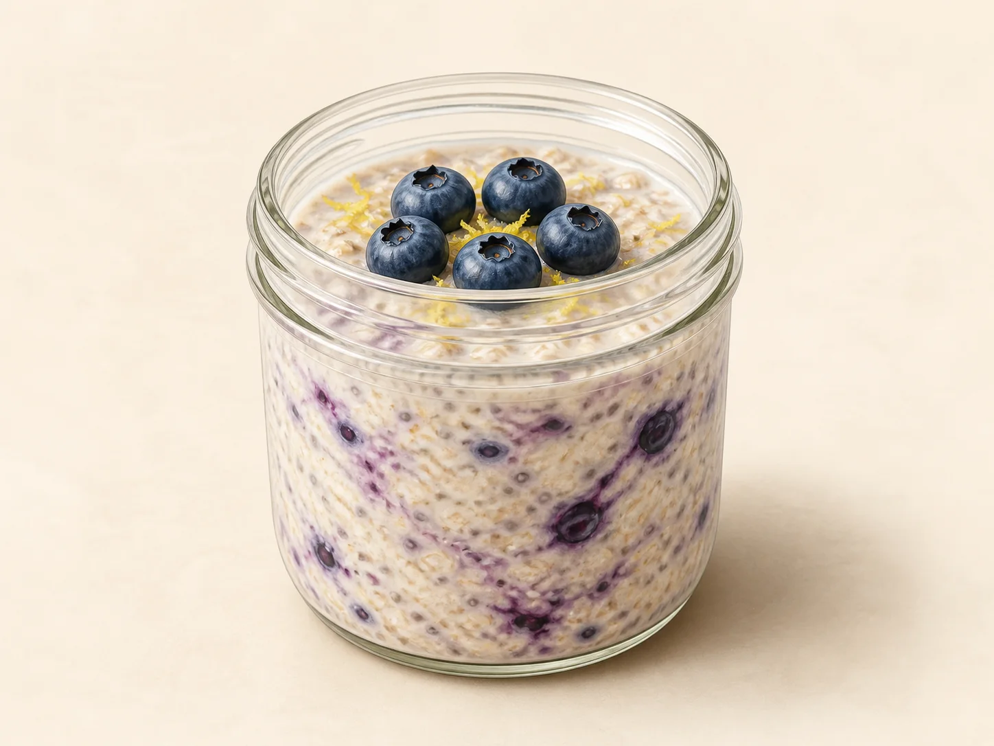 A finished serving of blueberry lemon kefir overnight oats