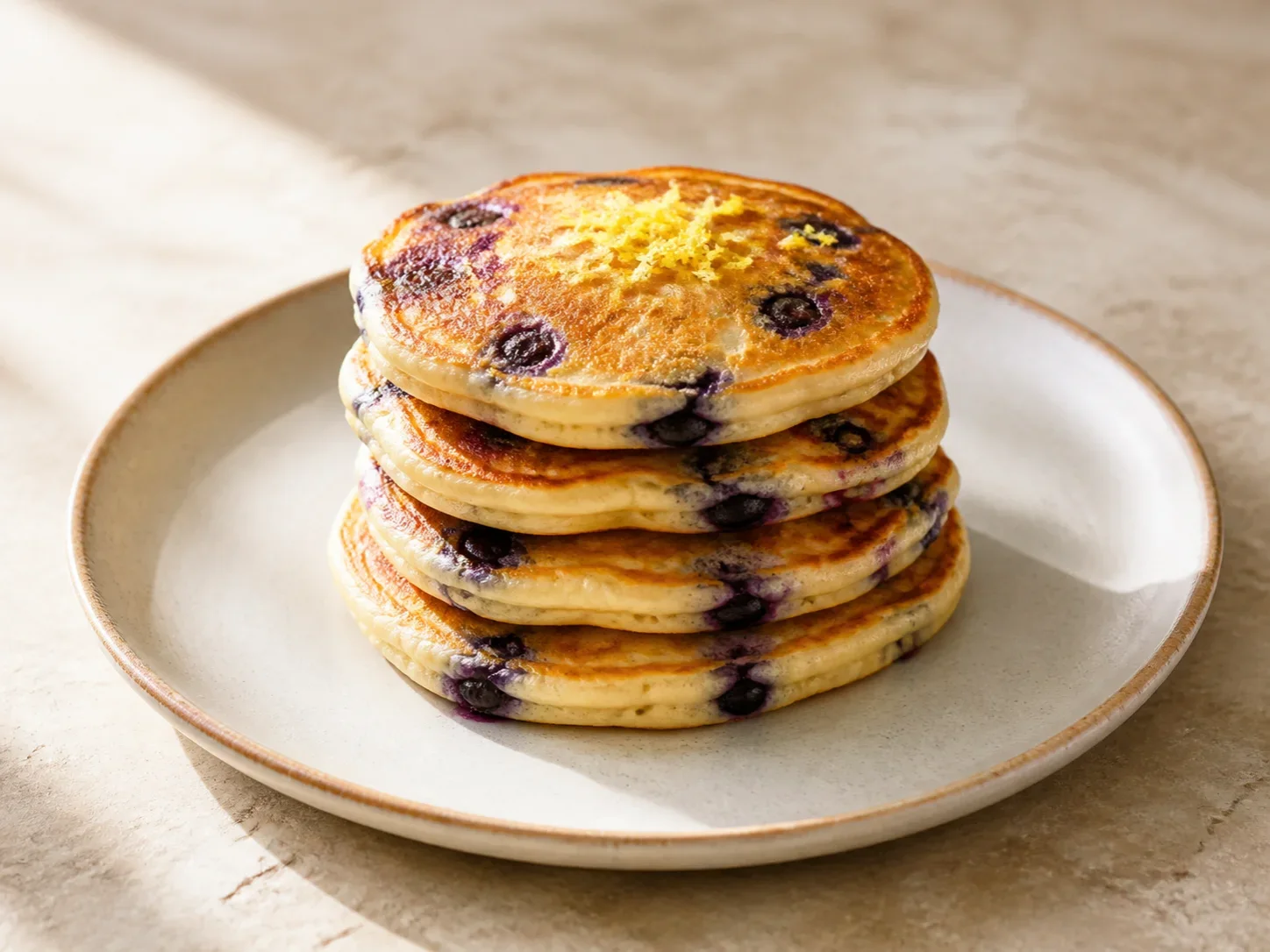 A finished serving of blueberry lemon kefir pancakes