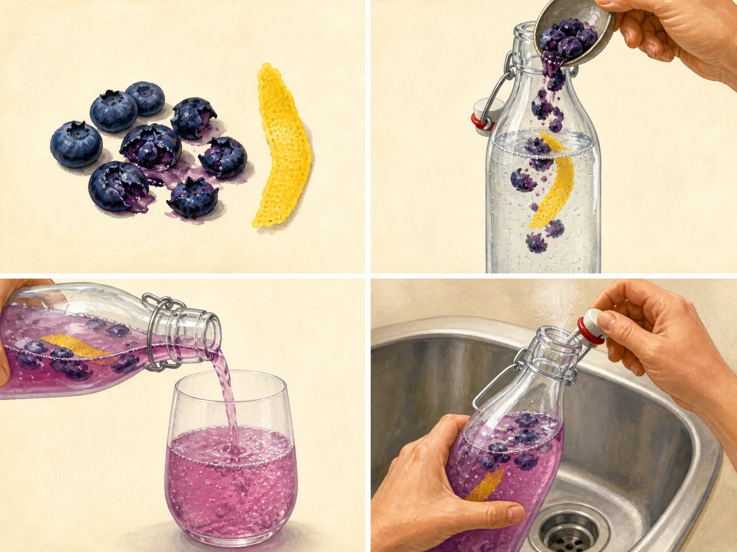 Four illustrated steps: prepare the flavor, fill the bottle, pour the chilled drink, and open the bottle slowly over the sink