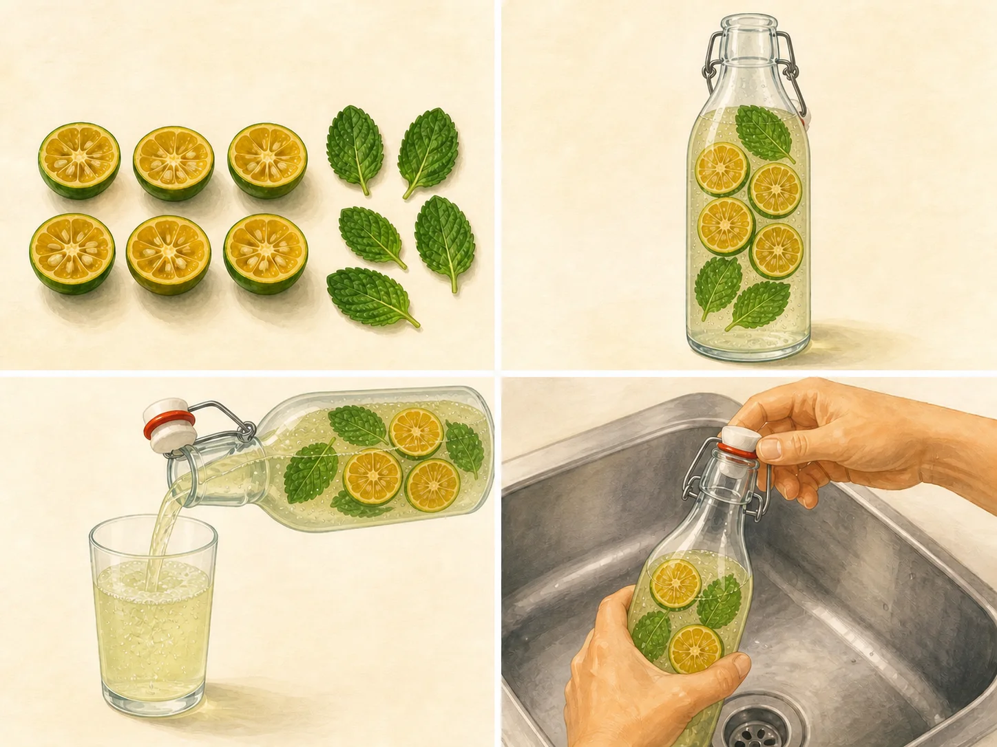 Four illustrated steps: prepare the flavor, fill the bottle, pour the chilled drink, and open the bottle slowly over the sink