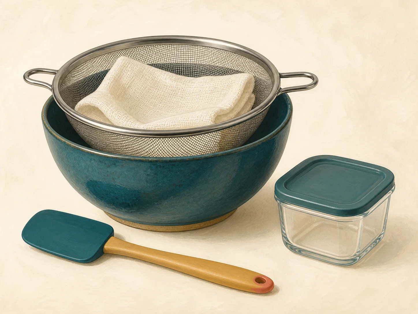 A fine-mesh sieve lined with cheesecloth over a bowl, a spatula, and a lidded storage container