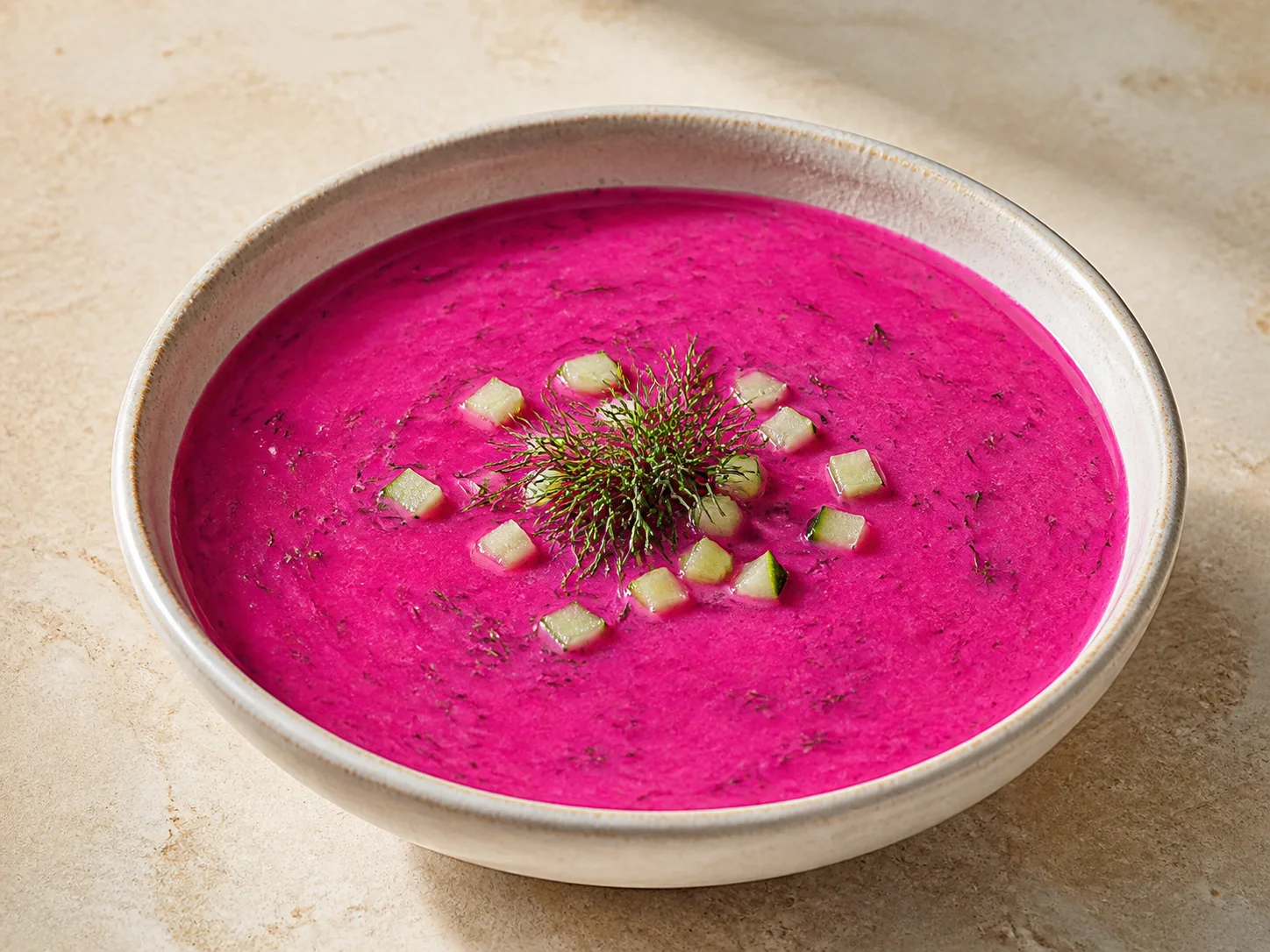 A bowl of pink chilled beet and kefir soup.