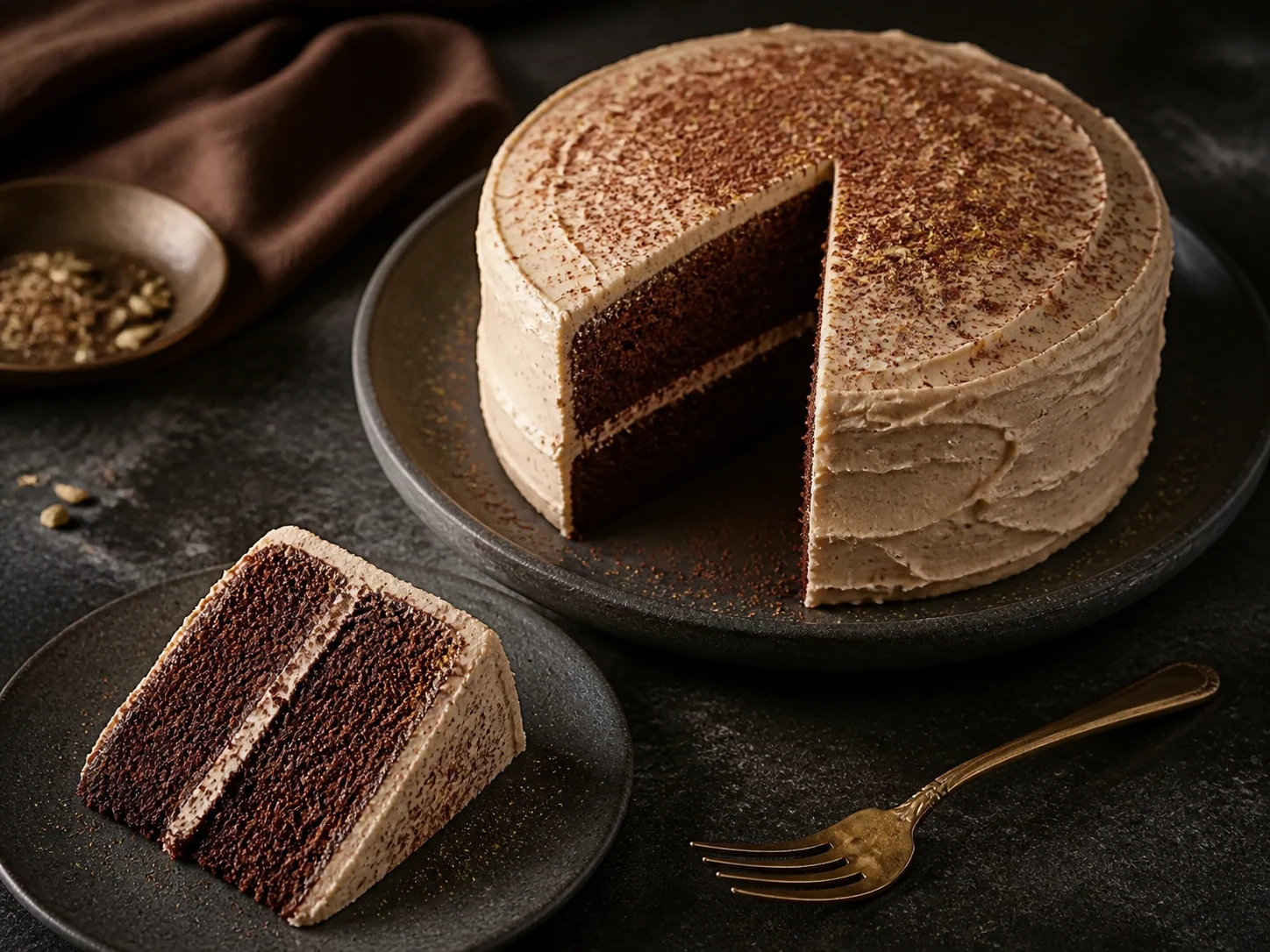 A finished serving of chocolate-chai kefir cake