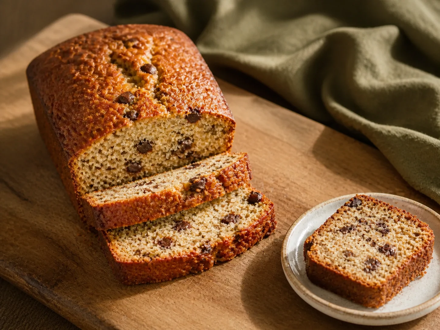 A finished serving of chocolate chip kefir banana bread