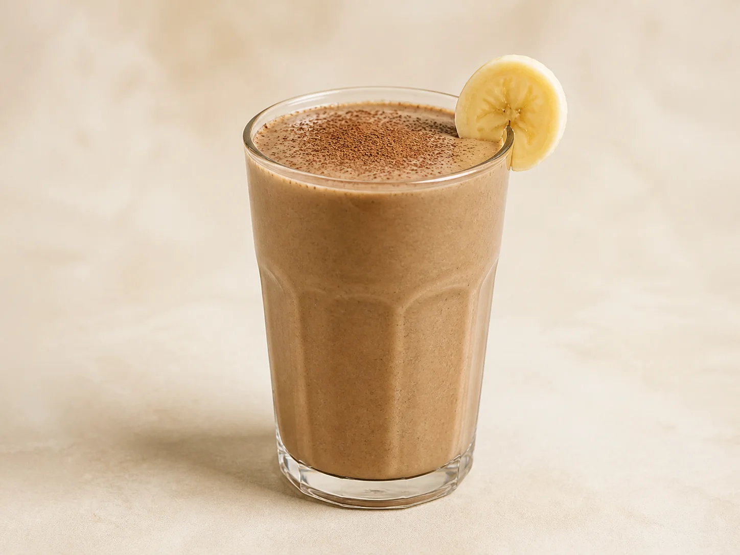 A finished serving of coffee banana kefir smoothie