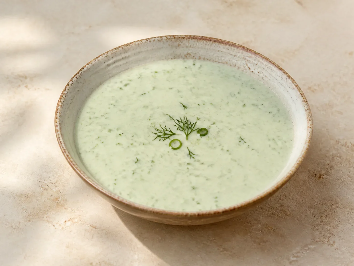 A finished serving of cold cucumber kefir soup