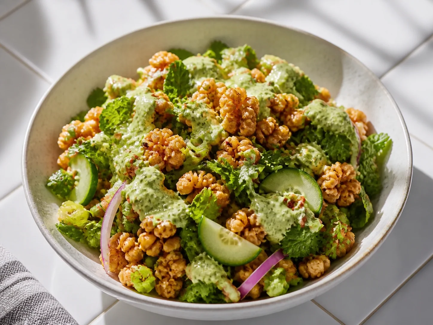 A finished serving of crispy rice salad with green kefir dressing