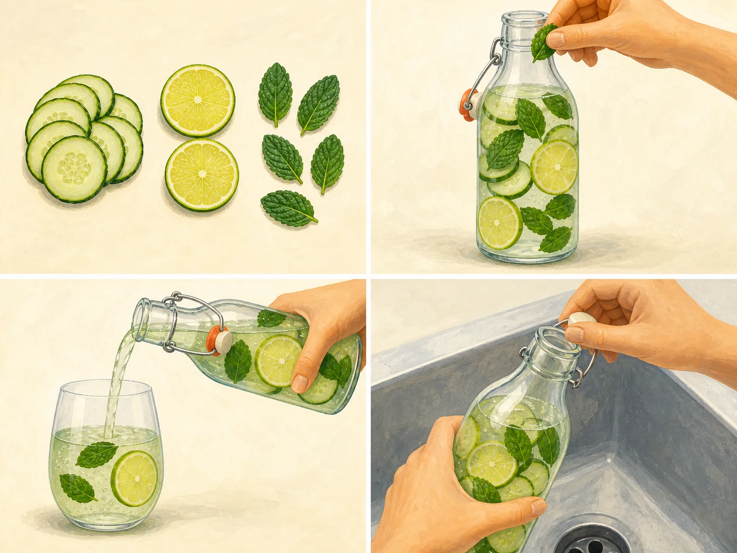Four illustrated steps: prepare the flavor, fill the bottle, pour the chilled drink, and open the bottle slowly over the sink