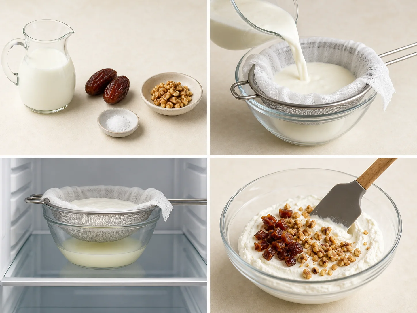 Four illustrated steps: line the sieve, drain the kefir in the refrigerator, fold in the flavor ingredients, and store the finished spread