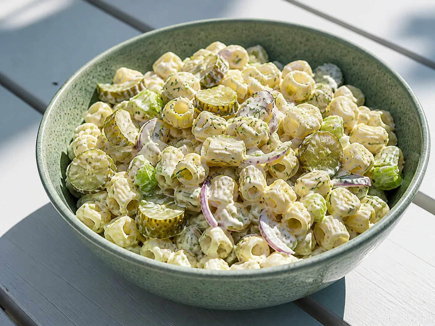 A finished serving of dill pickle kefir pasta salad